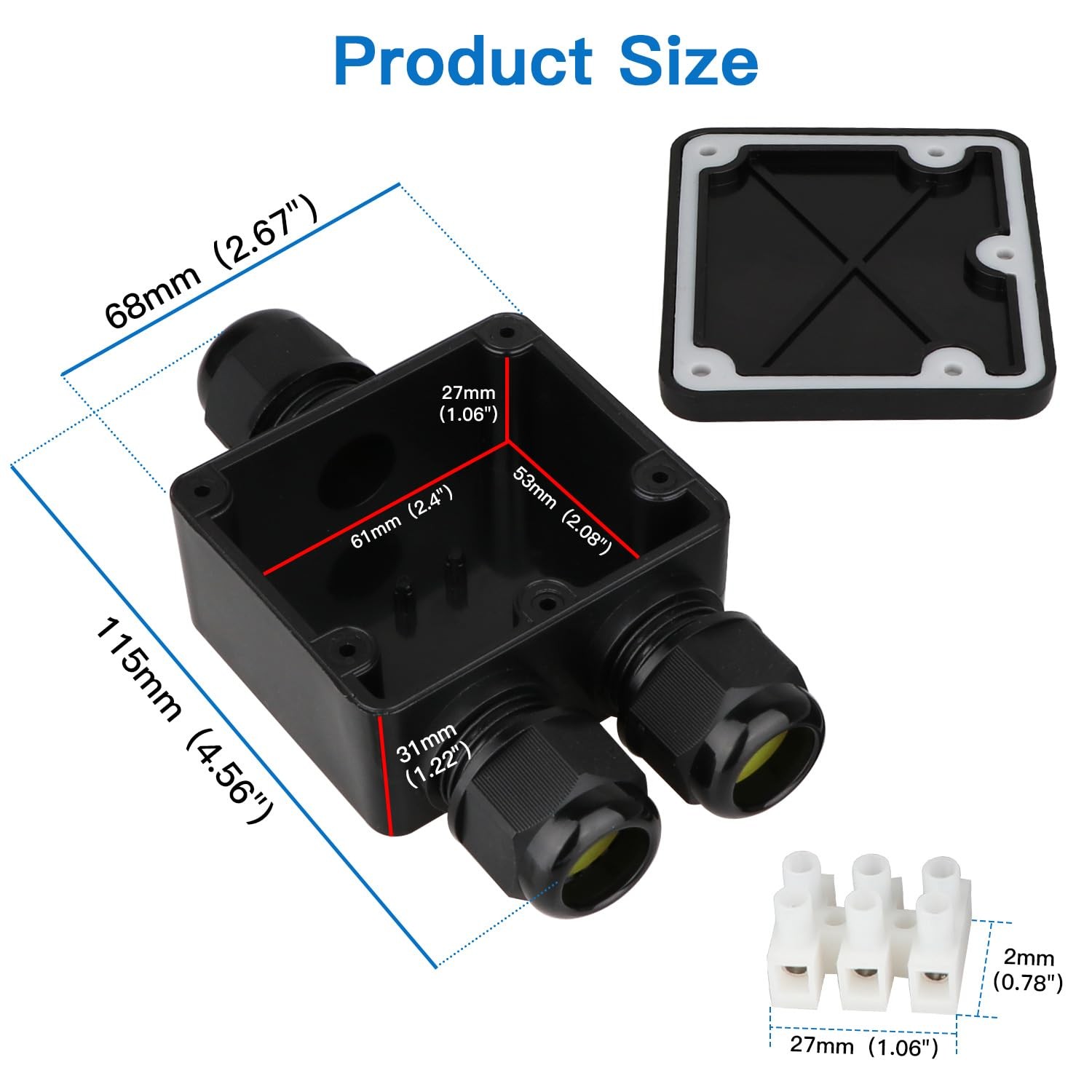 Helunsi Waterproof Junction Box 3 Way, IP68 External Small, Black-1 Pack