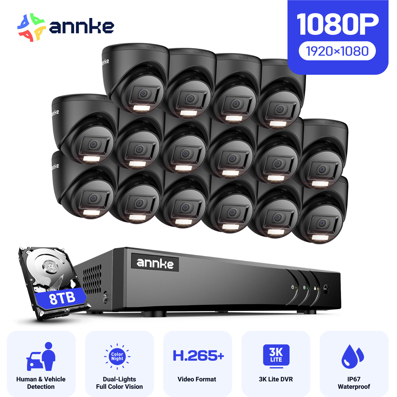 ANNKE 16CH 5MP Lite DVR 1080P CCTV Outdoor Security Camera System AI Color Night