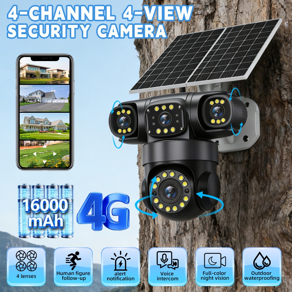 4G SIM 16MP 4Len Camara De Seguridad Solar Inalambricas Exterior Vision Nocturna