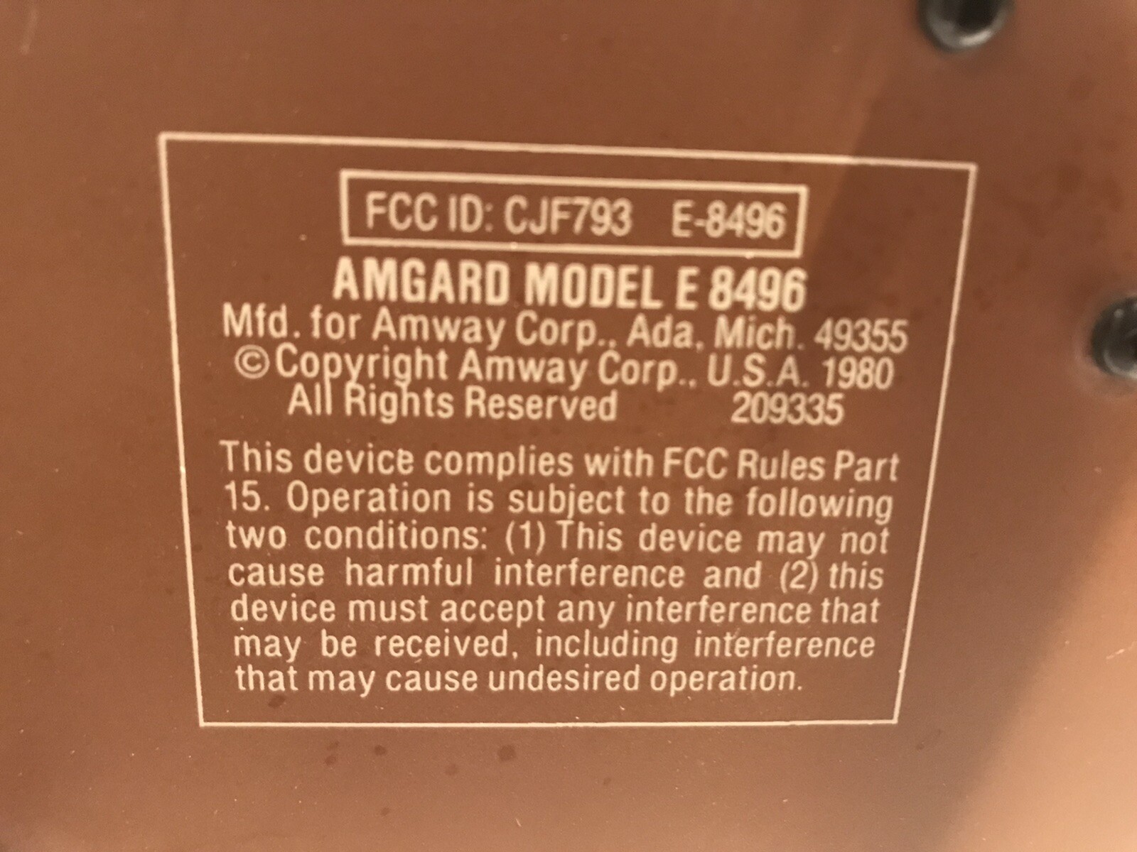 Vintage Amgard Perimeter Alarm Control Unit Model E 8496 Amway Security System