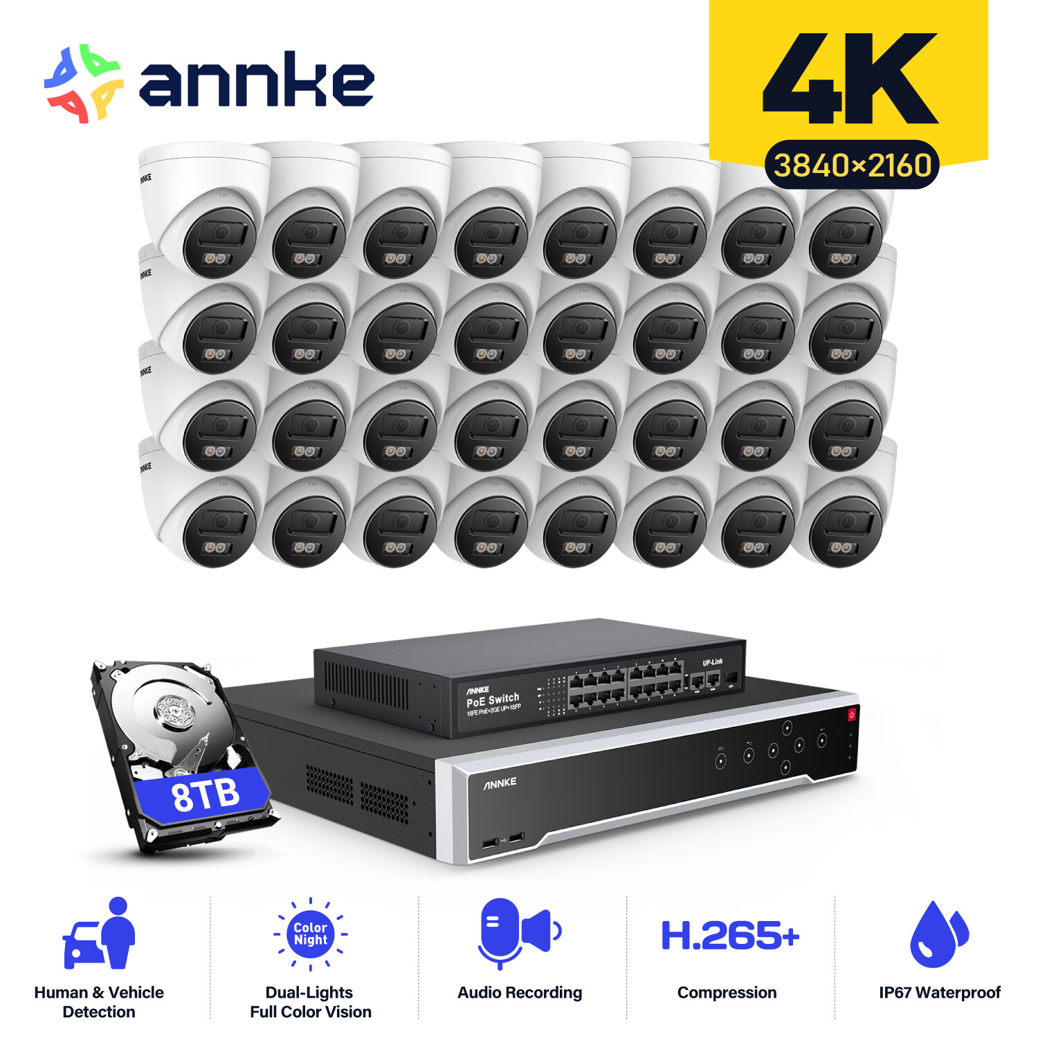ANNKE 32CH 12MP NVR 4K Audio POE Security IP Camera System Color Night Vision AI