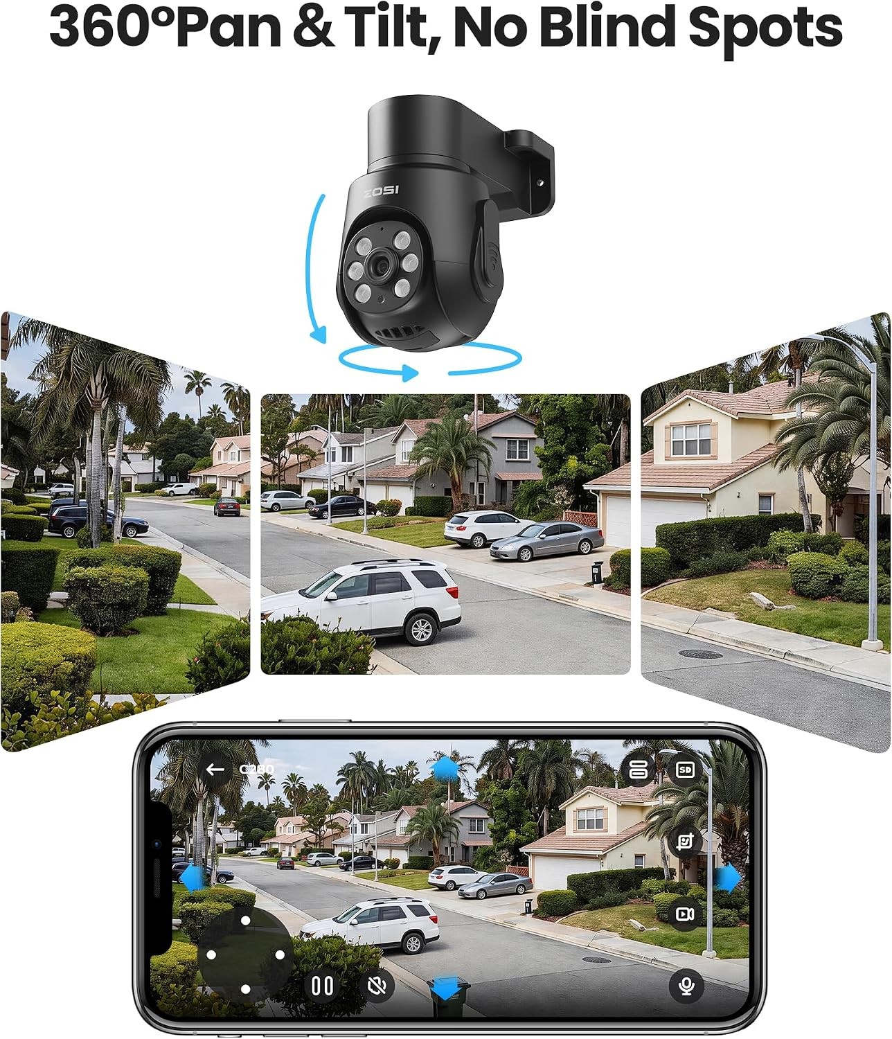 Pan Tilt Security Camera ZOSI 1080P 8CH Audio Recording Night Vision