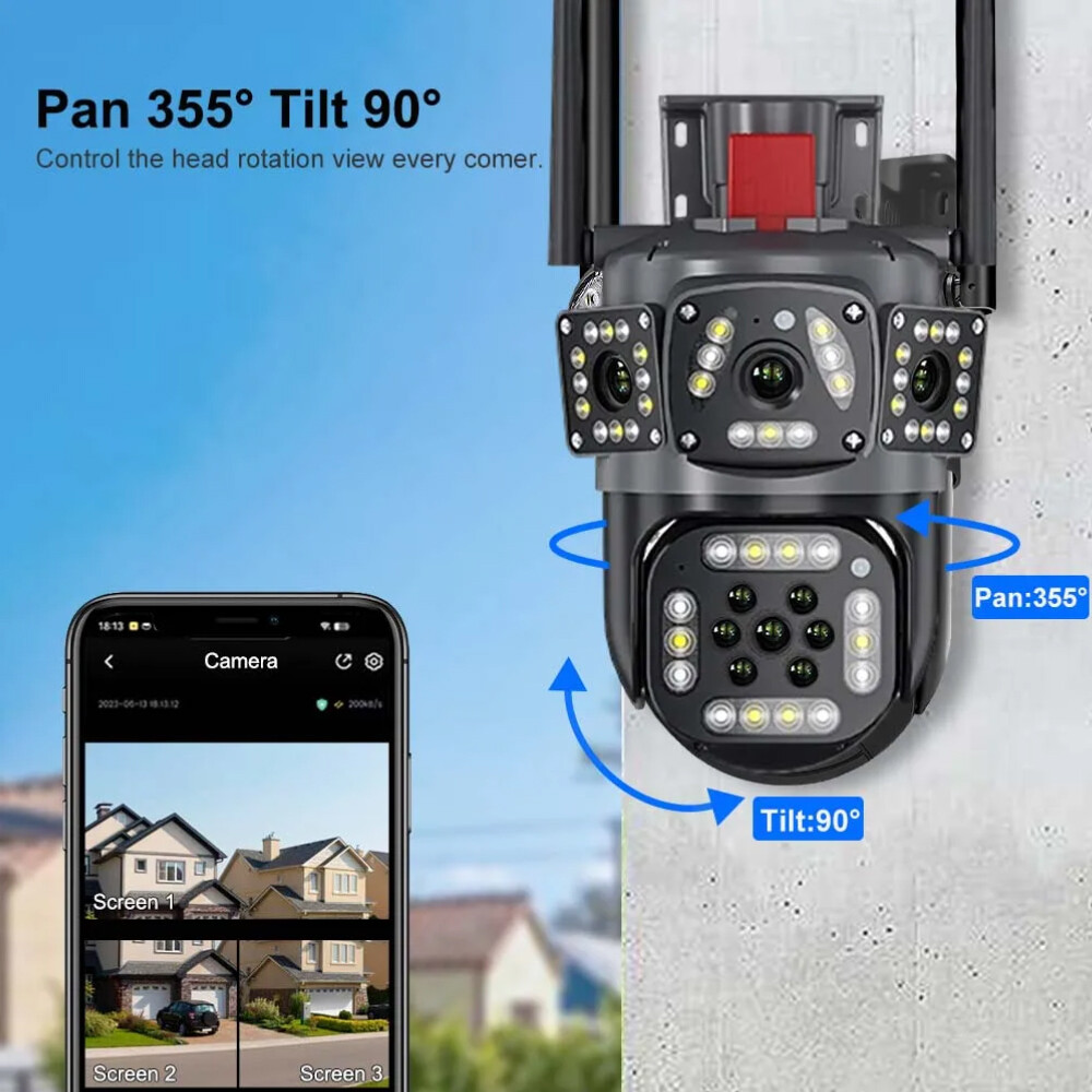 4K 9MP IP WiFi 360° 10X Zoom 3 Lens 3 Screens Security Camera System Outdoor PTZ