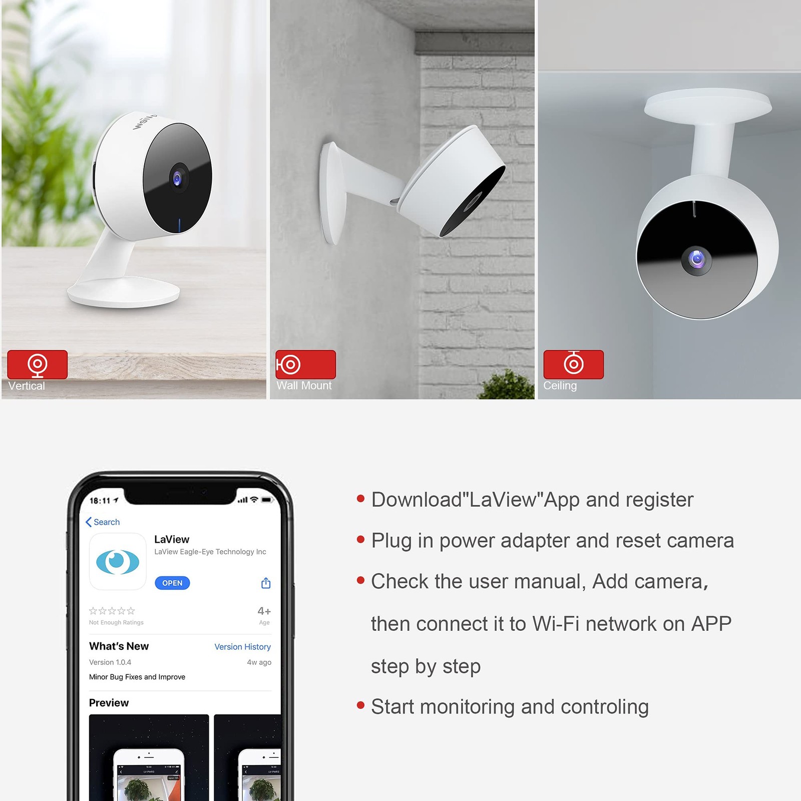 LaView Security Cameras 4pcs, Home Camera 1080P 2.4GHz 4 Pack, White
