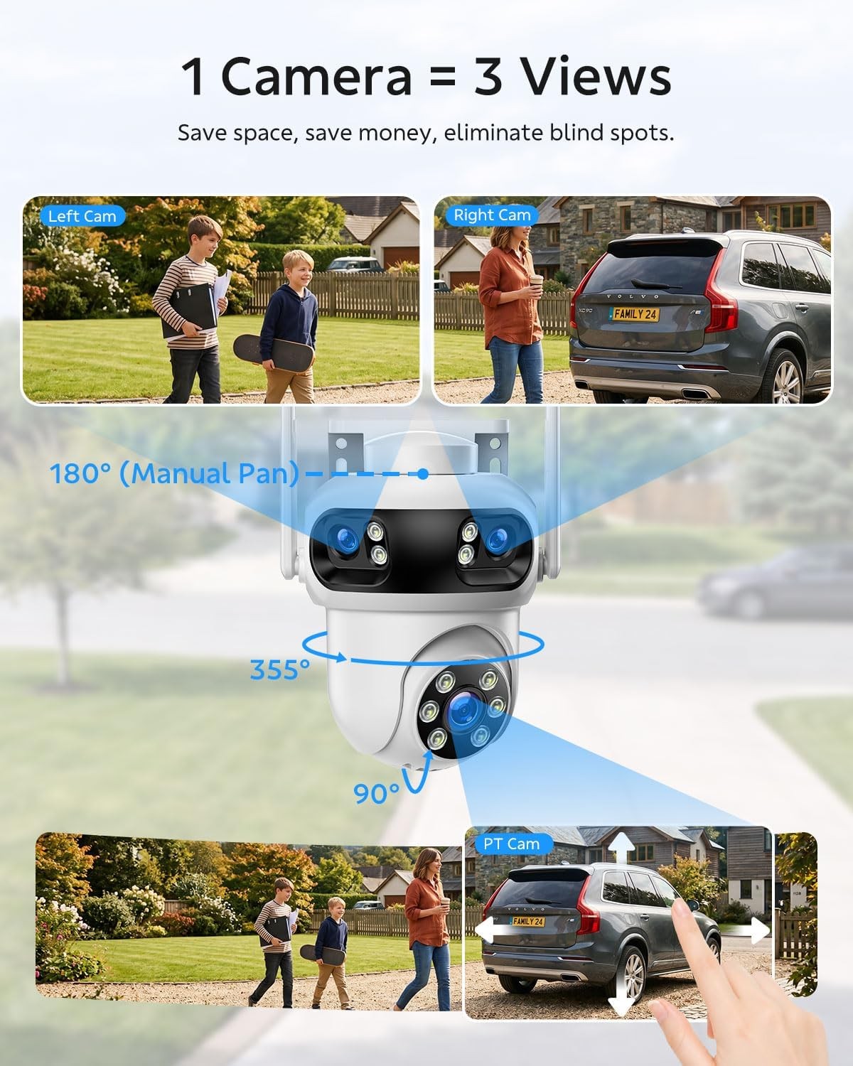 Security Camera System 4-Cam Wireless Outdoor 360° PTZ Auto Tracking Triple Lens
