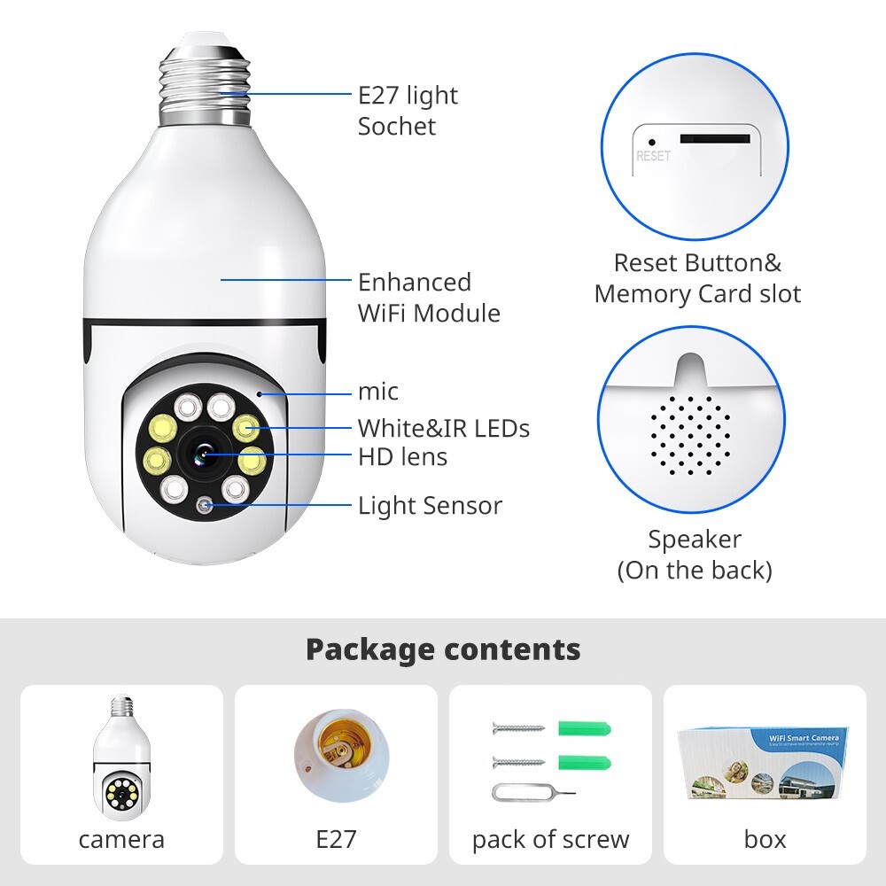 2X 360° 1080P E27 Light Bulb Camera 2.4GWiFi IR Night SmartHome Security Wireles