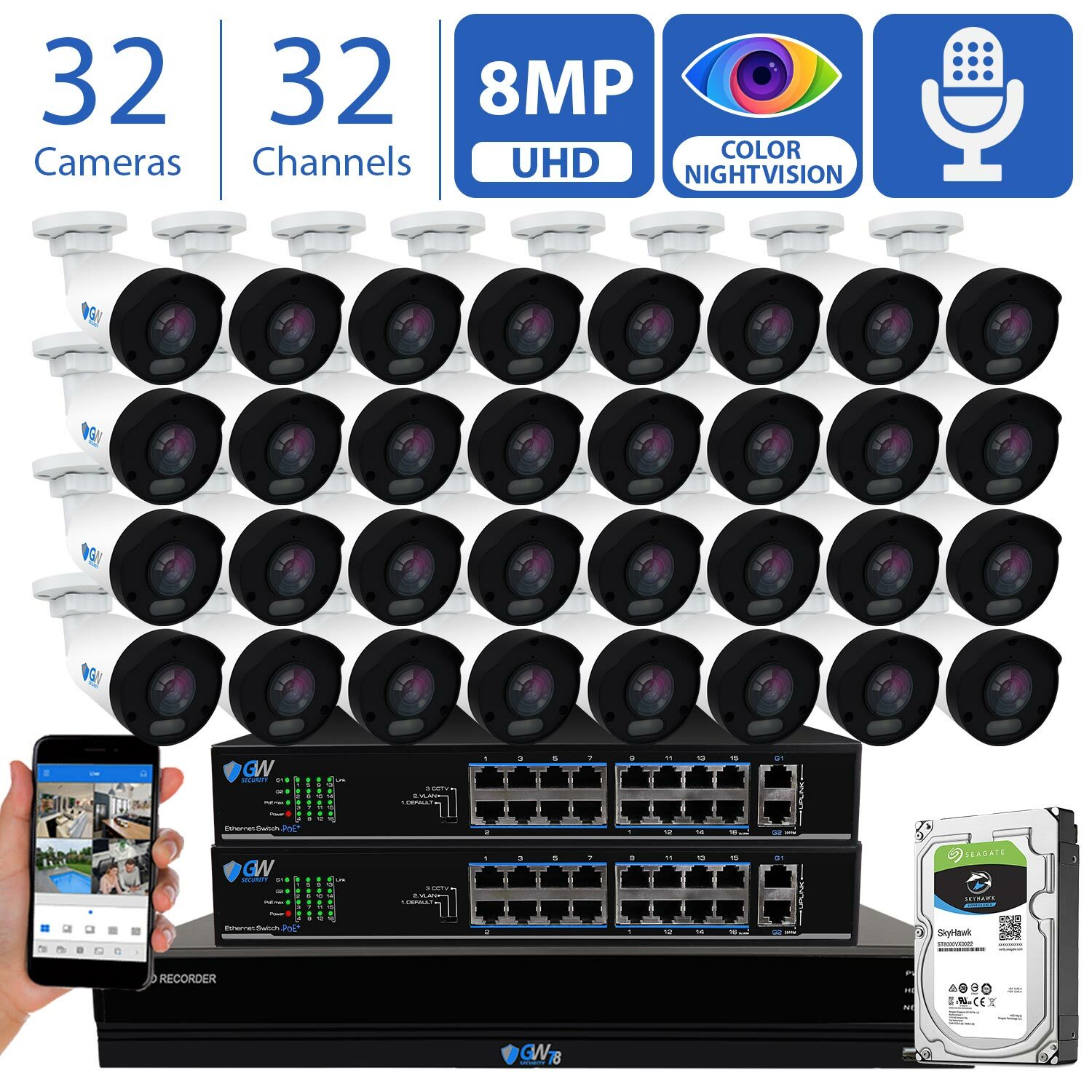 32 Channel 4K NVR 32 X 8MP Starlight 4K Microphone PoE IP Security Camera System