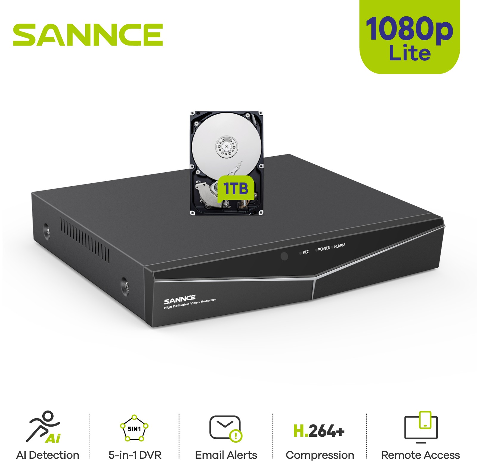 SANNCE 16CH 5IN1 1080P Security Digital Video Recorder DVR Human Detection 1TB