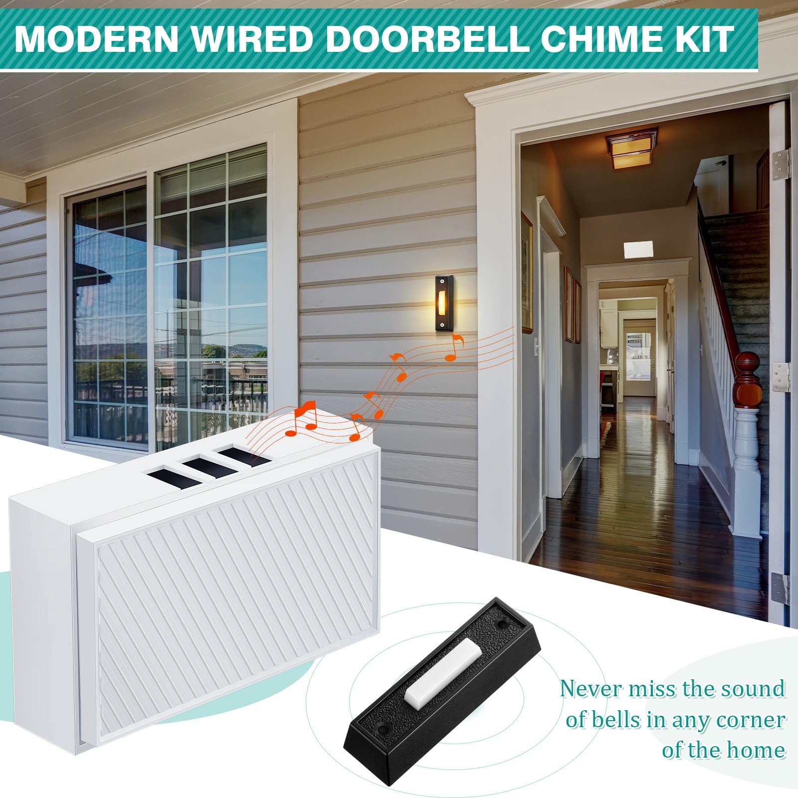 Saillong Wired Doorbell Chime with 2 Lighted Push Black, White, Yellow
