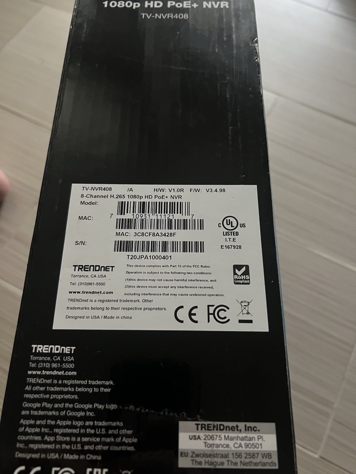 TRENDnet TV-NVR408 8 Channel 4K UHD PoE+ NVR Unit Only! No Cable