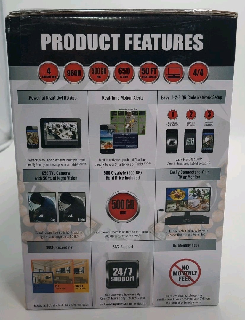 Night Owl 960H Video Security 500GB DVR System 4 Channel 4 Cameras Night Vision