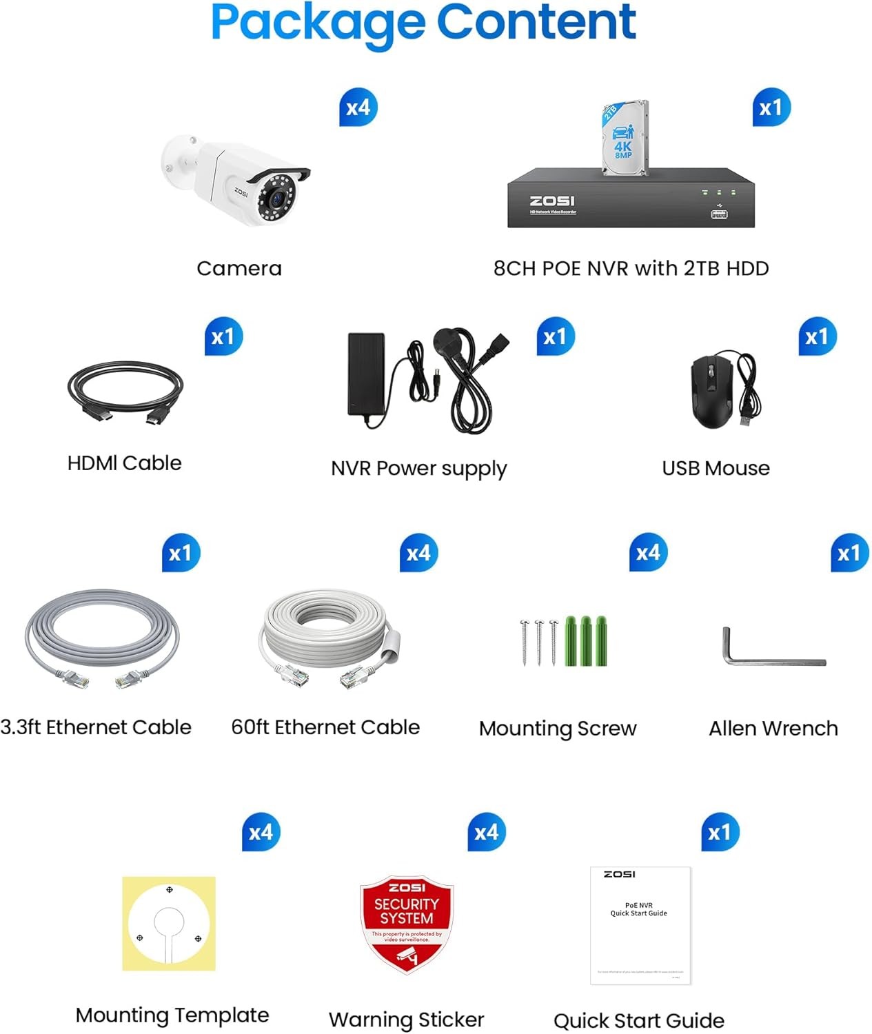 ZOSI 8CH 4K PoE Security Camera System 4x8MP Outdoor Camera One Way Audio 2TBHDD