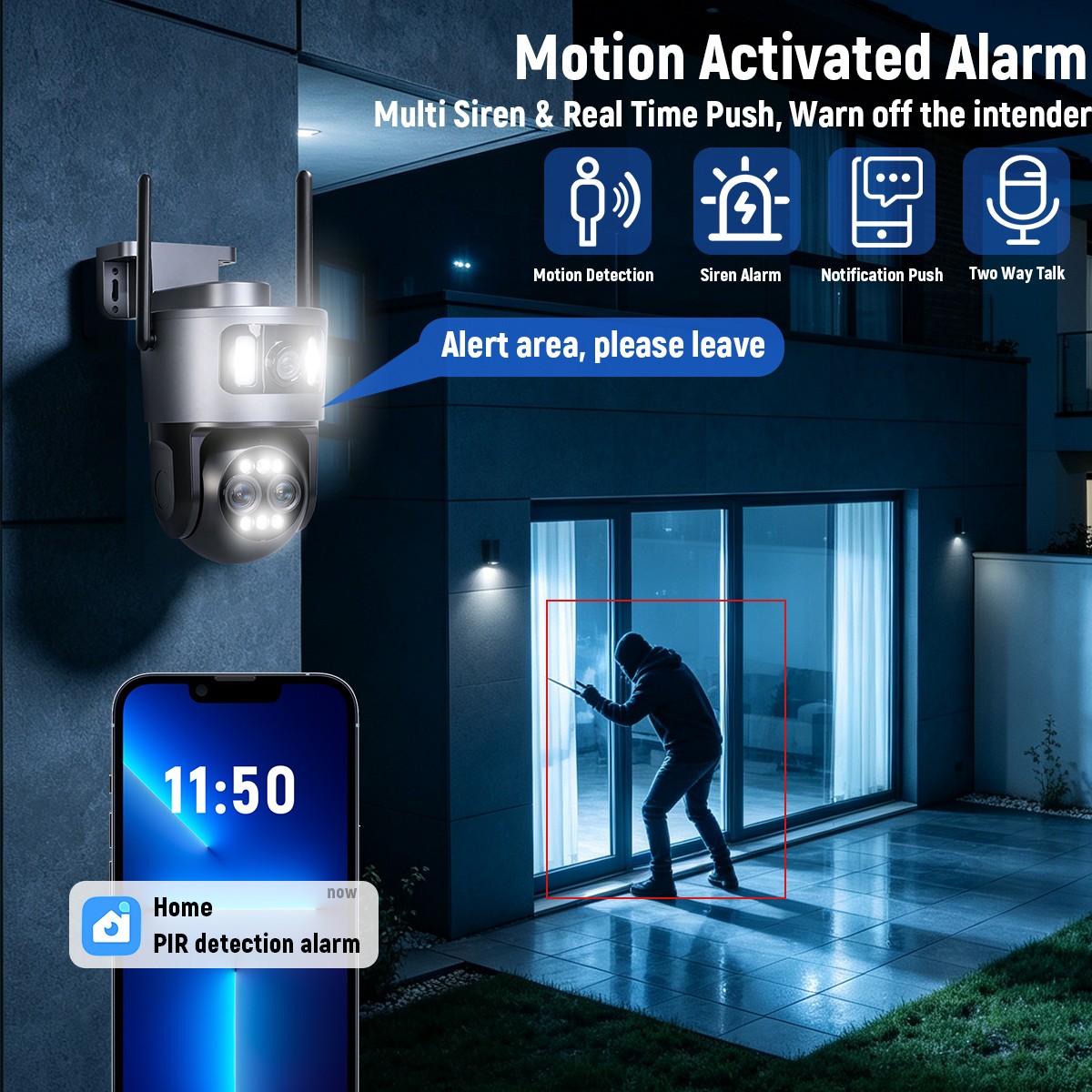 4K WiFi Triple Lens Security Camera Outdoor Home Night Vision 360° PTZ 10X Zoom