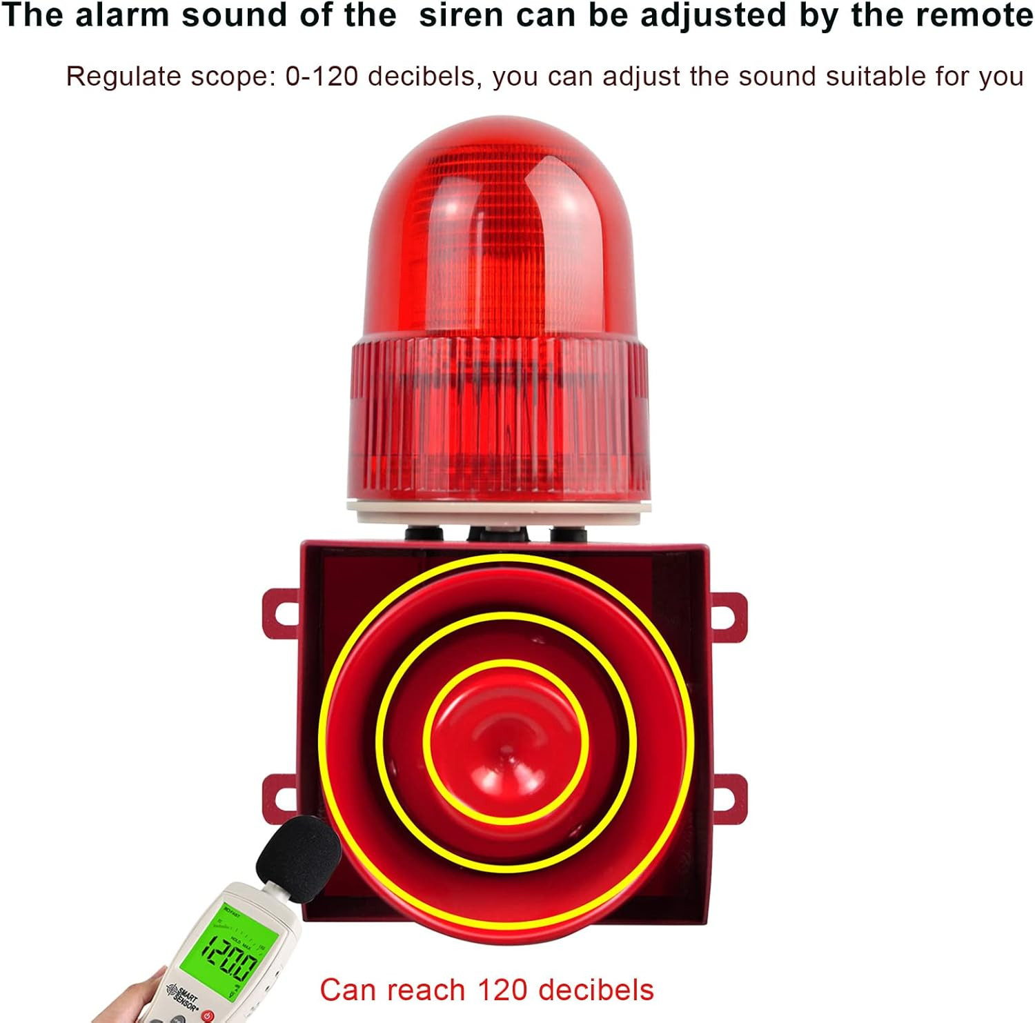 Motion Sensor Alarm 120Db Horn Adjustable Volume Tones Waterproof LED Strobe Lig