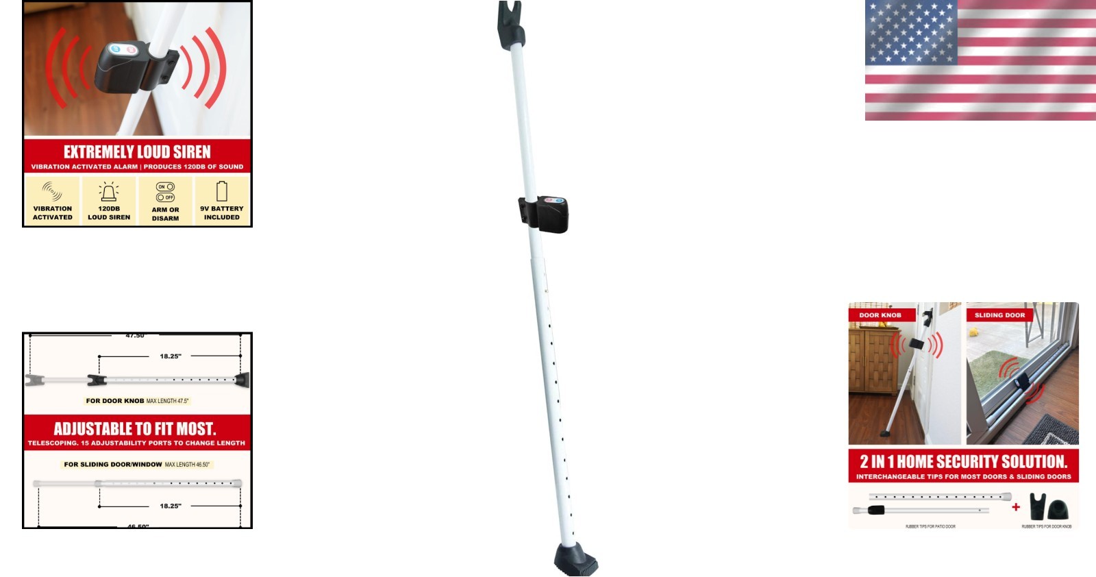 Rugged 2-in-1 Door Security Bar with 120dB Alarm – Protects Against Intrusions