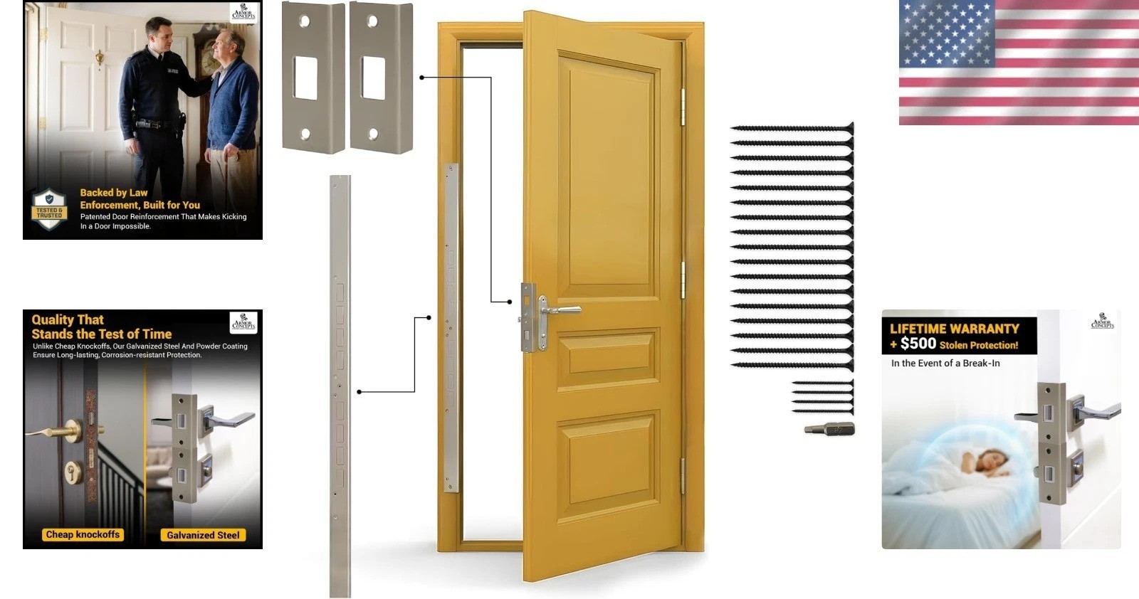 Door Armor MINI 3pc Steel Security Kit – Satin Nickel – Anti Kick-in Protection
