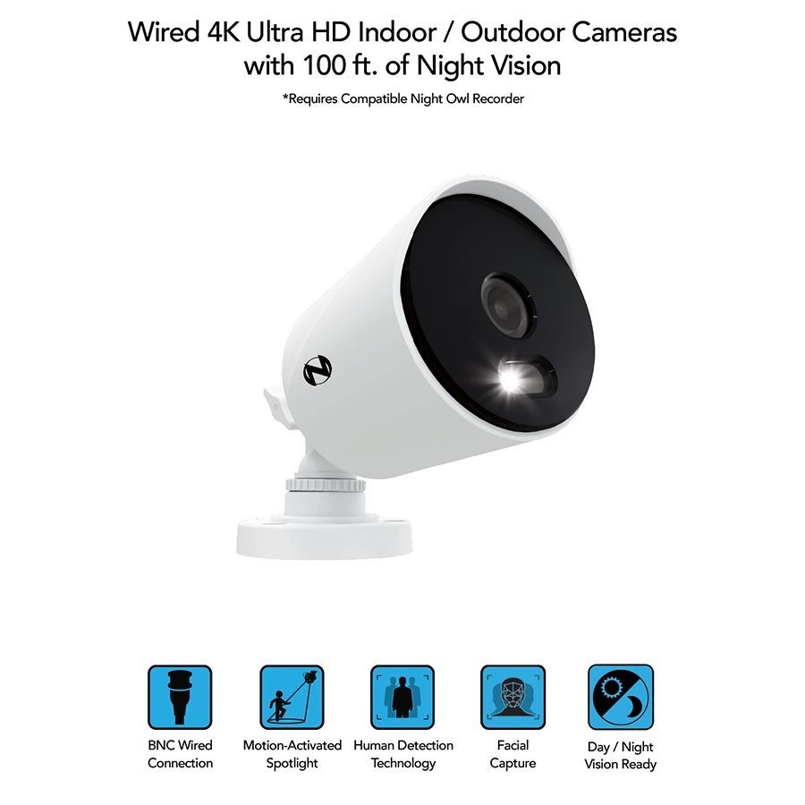 Night Owl CM-DP8L-B 4K Wired Cam with Spotlight + 60ft BNC Cable