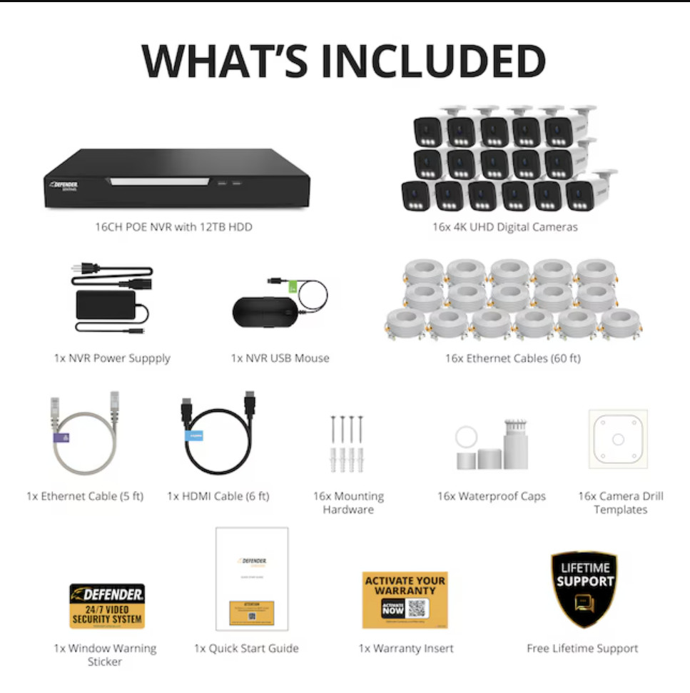 Defender Sentinel AI 16-Channel 16-Camera 4K Security System 12TB Free Shipping