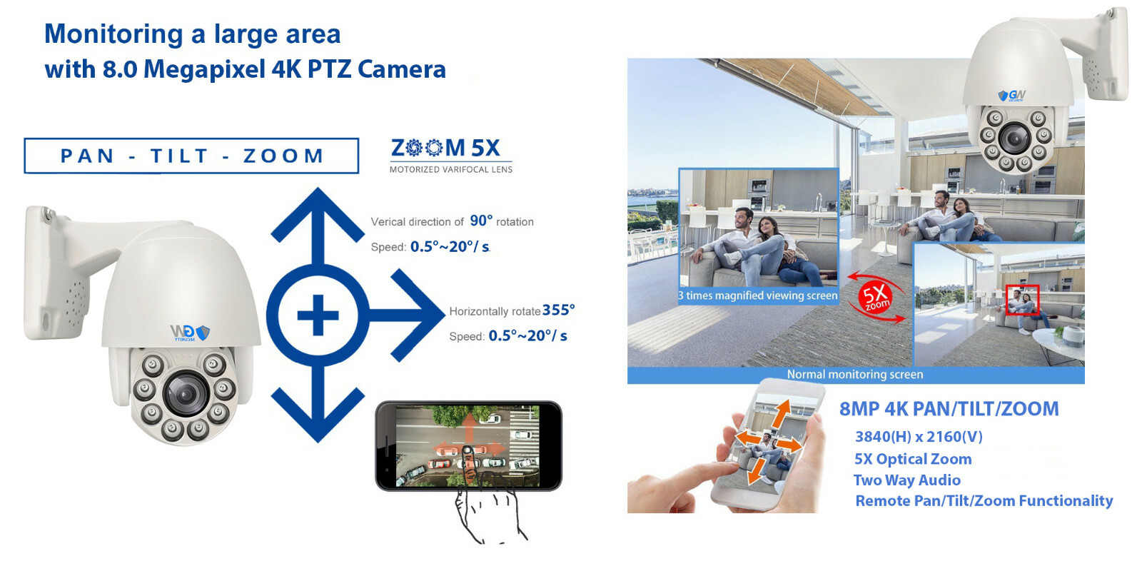 8CH NVR (3) 8MP 4K Pan Tilt Zoom 5X Optical Zoom Security Dome PTZ Camera System