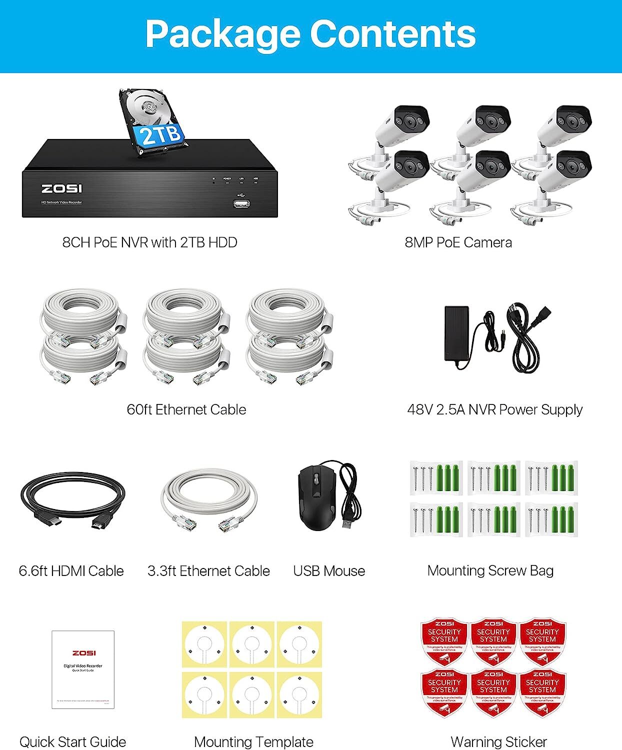 ZOSI 4K 8CH IP PoE Security Camera System NVR Audio AI Human Detection 2TB HDD