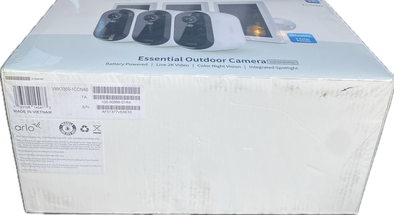 3 Pack Arlo Essential Outdoor 2K Camera 2nd Generation with 3 Solar Panels Seal