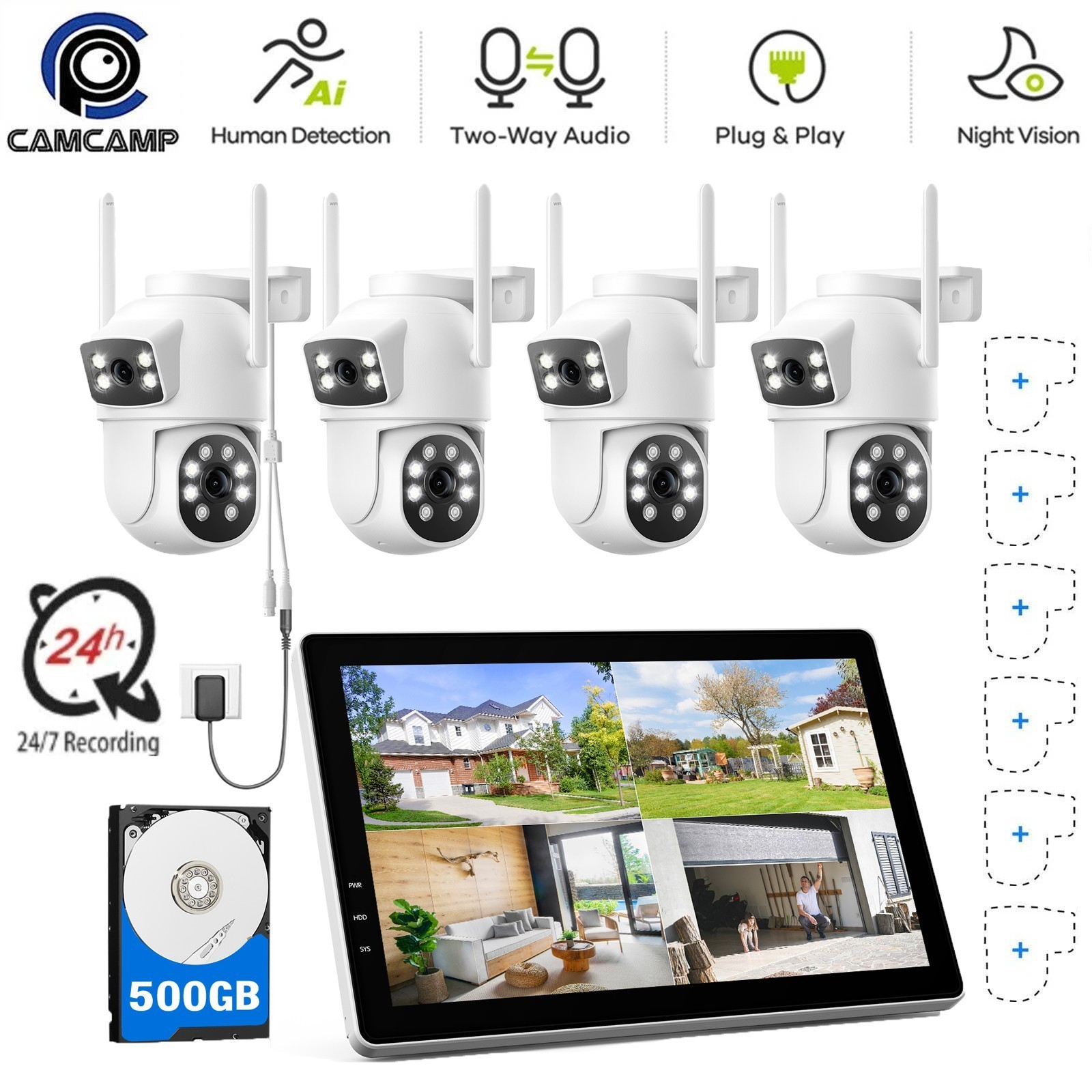 CAMCAMP Wireless Security Camera System with 10.1″ Monitor 4pcs 2K Dual Lens HDD