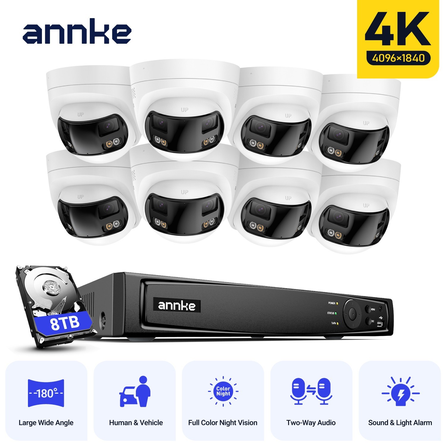 ANNKE 8CH 12MP NVR 4K POE 180° View Color Security Camera System Two Way Audio