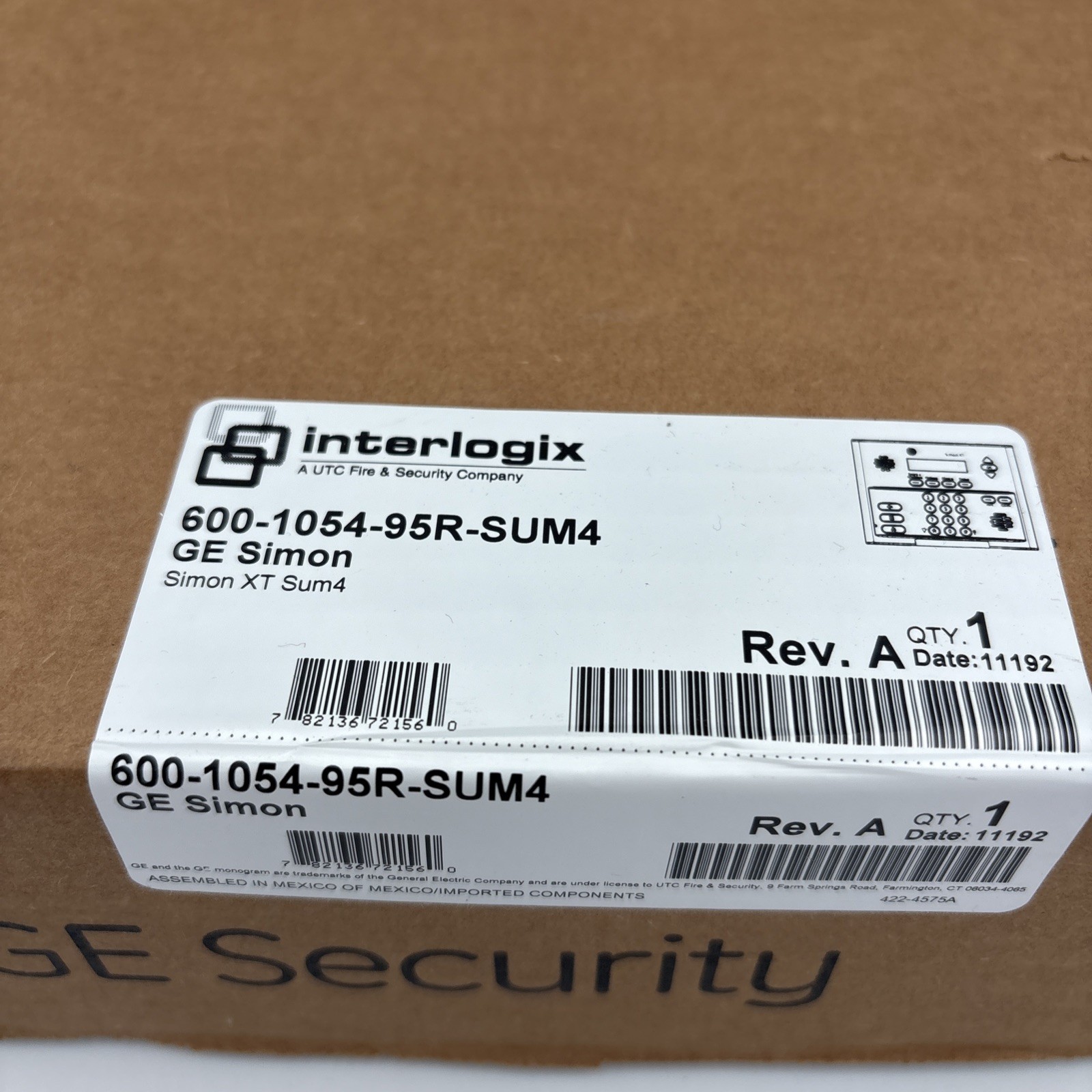 GE Simon Interlogix XT 600-1054-95R-SUM4 Home Security Unit With Battery
