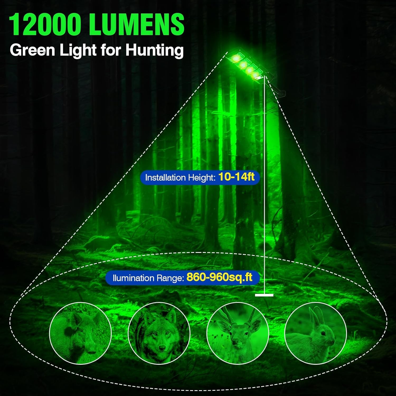 Hog Lights for Night Hunting, 12000LM Solar Green Hunting Light 2 Pack, Black