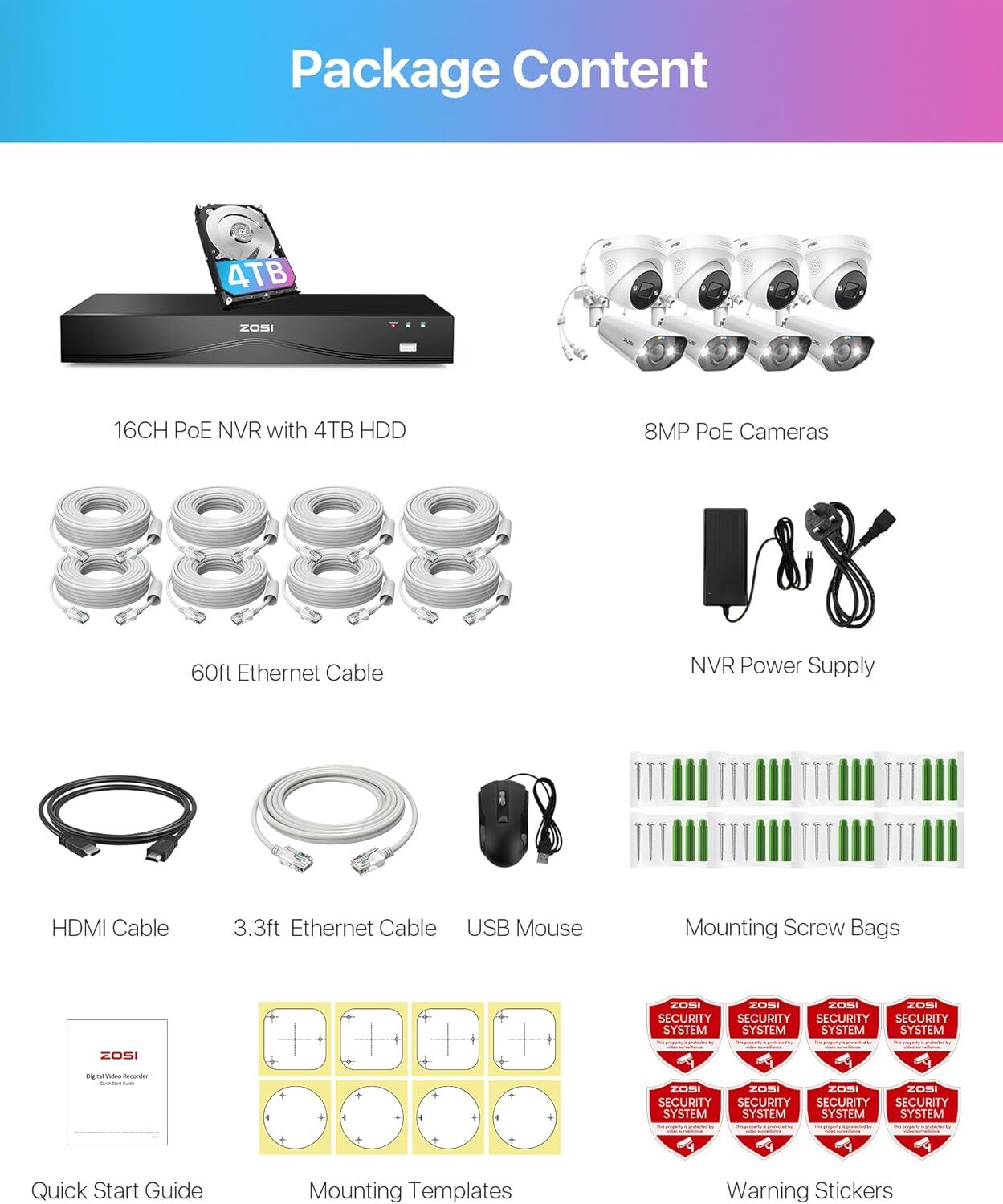 ZOSI 16CH 8pcs 4K 8MP PoE Security Camera System with 4TB HDD Outdoor AI Detect