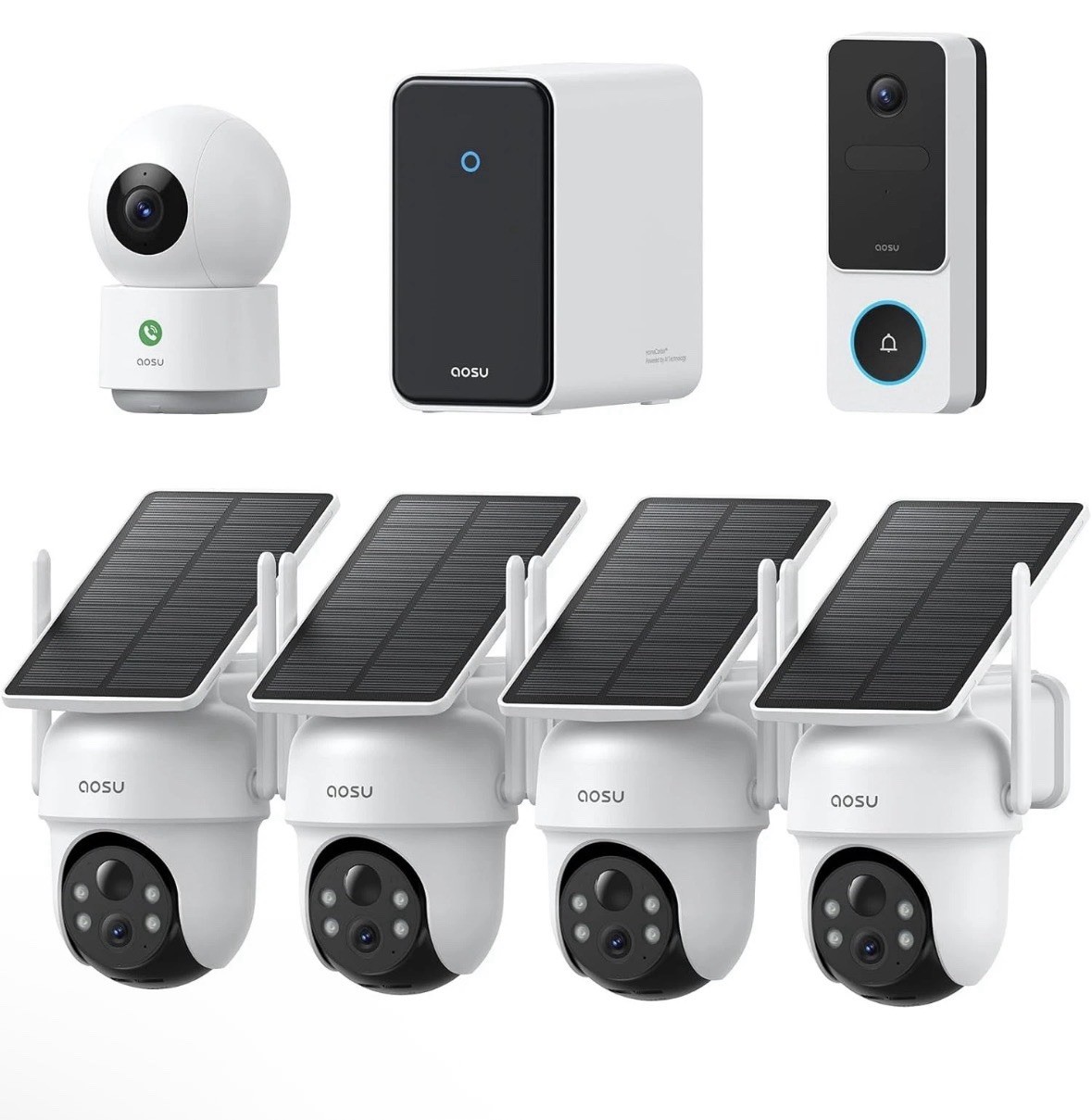 AOSU 3K Solar Security Camera System 4 Cam Kit + 2K Doorbell & Indoor Cam NEW