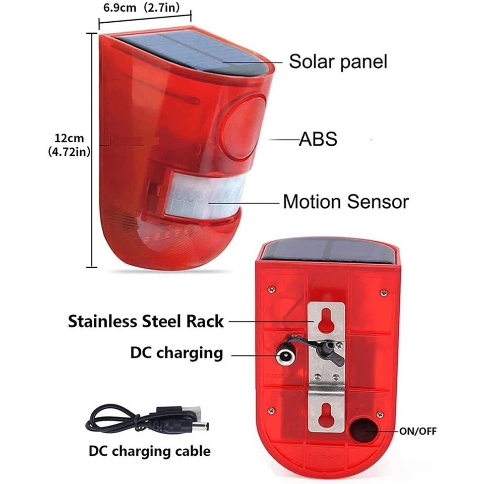 Solar Alarm LED Light Solar Strobe Light Wireless Motion Sensor Detector Outdoor