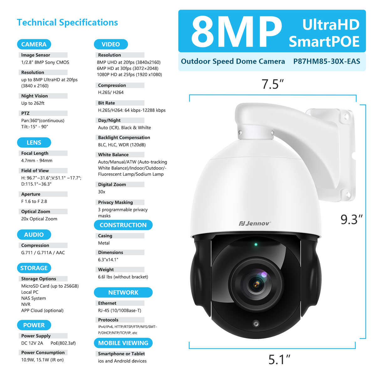 JENNOV 4Pack 4K 8MP PoE IP Pan/Tilt Add-on Security Camera Outdoor With Cable