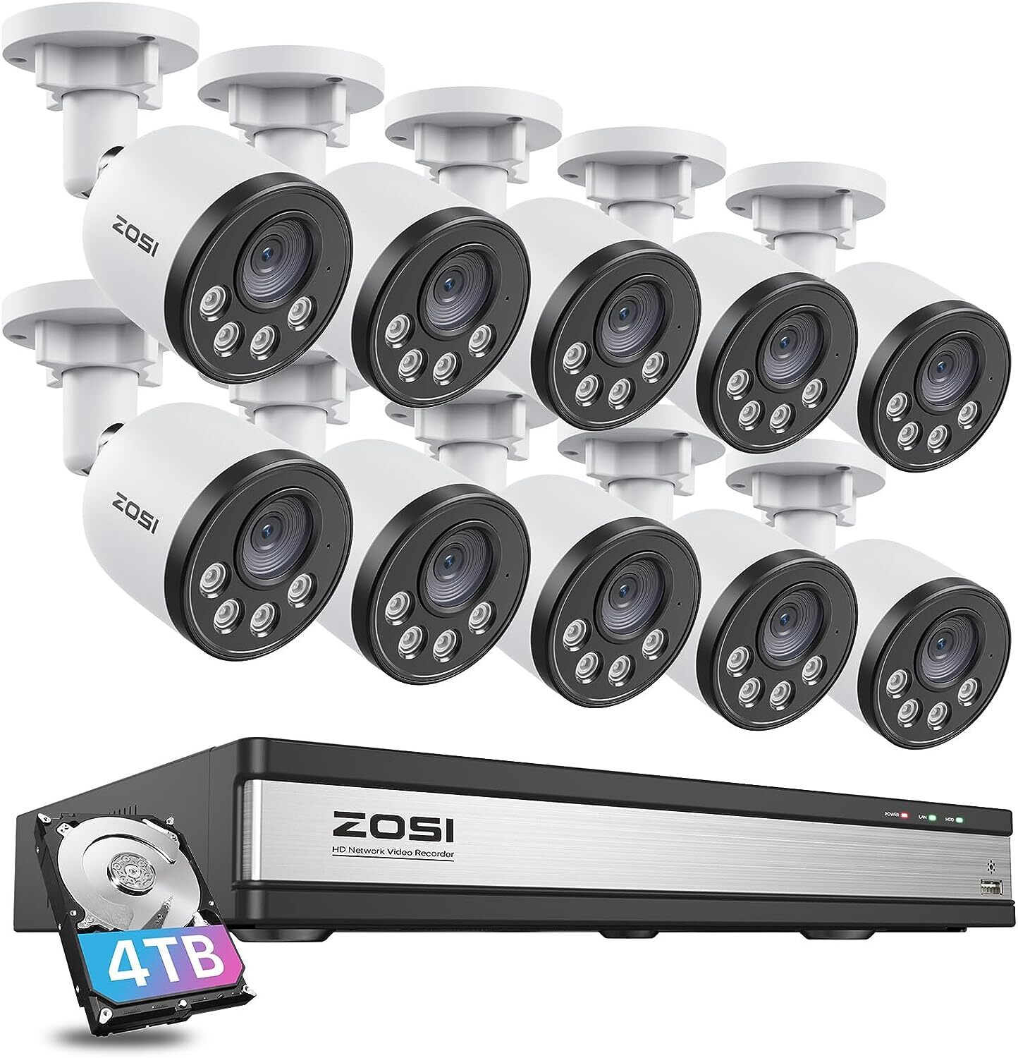 ZOSI 16CH NVR 4MP PoE Security Camera System 4TB Audio Night Vision Human Detect