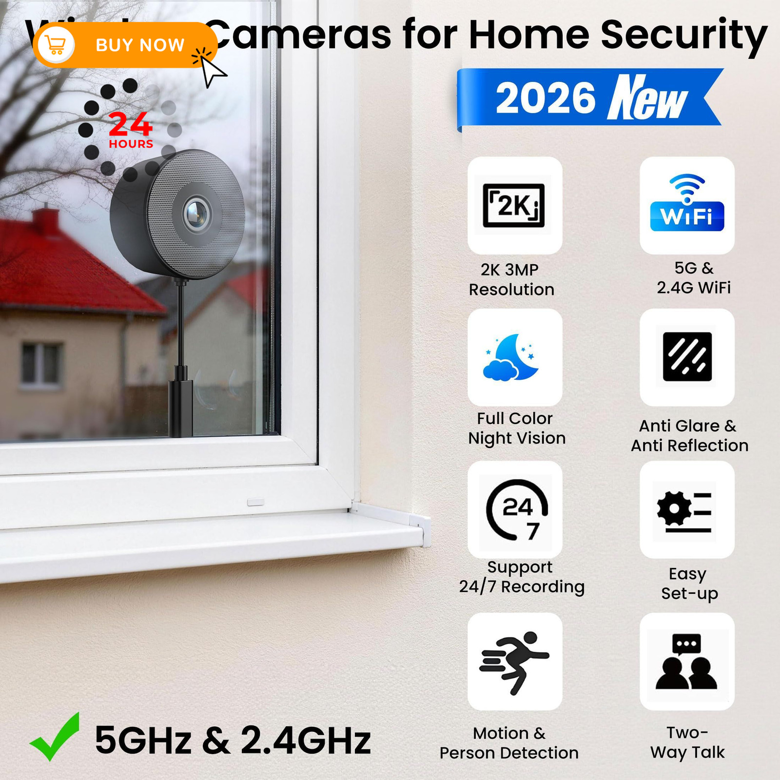 2K 3MP Window Camera, 5GHz & 2.4GHz WiFi Dome Cameras for Home 1 Pack