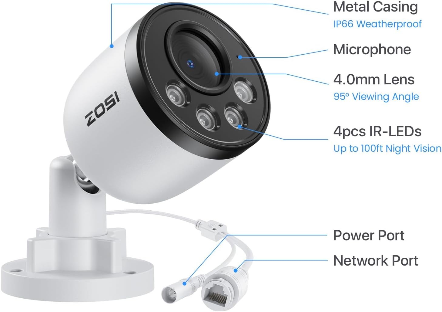 ZOSI 4PK 4MP PoE Security IP Camera System 100ft IR Night Mic Outdoor AI Detect