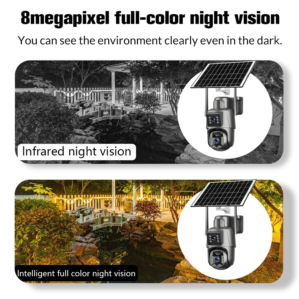 2 Lens 8MP Solar Battery Powered Camera Wireless WiFi Outdoor Pan/Tilt Camera