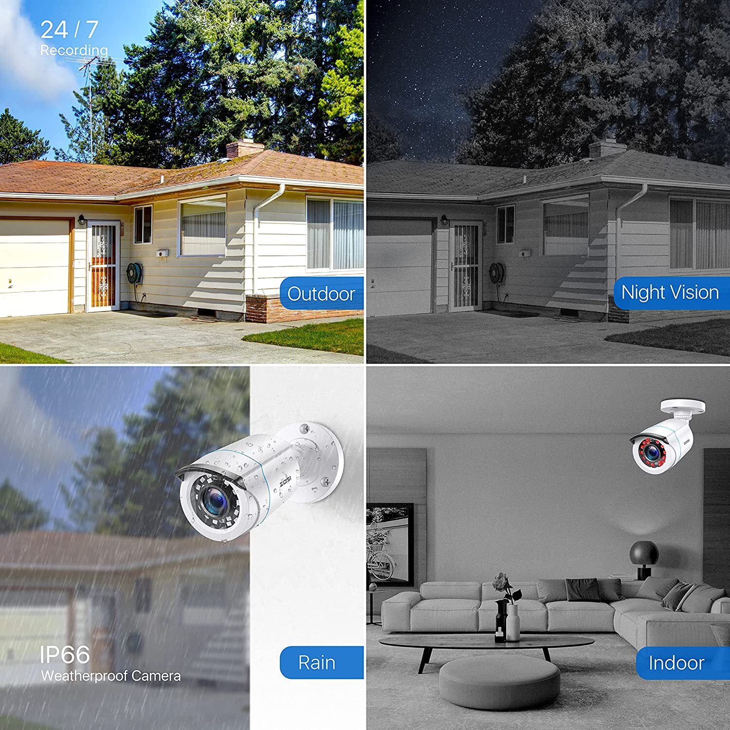 ZOSI 16CH H.265+ 2TB DVR +12 x 2MP Cameras Security System Outdoor Night Vision