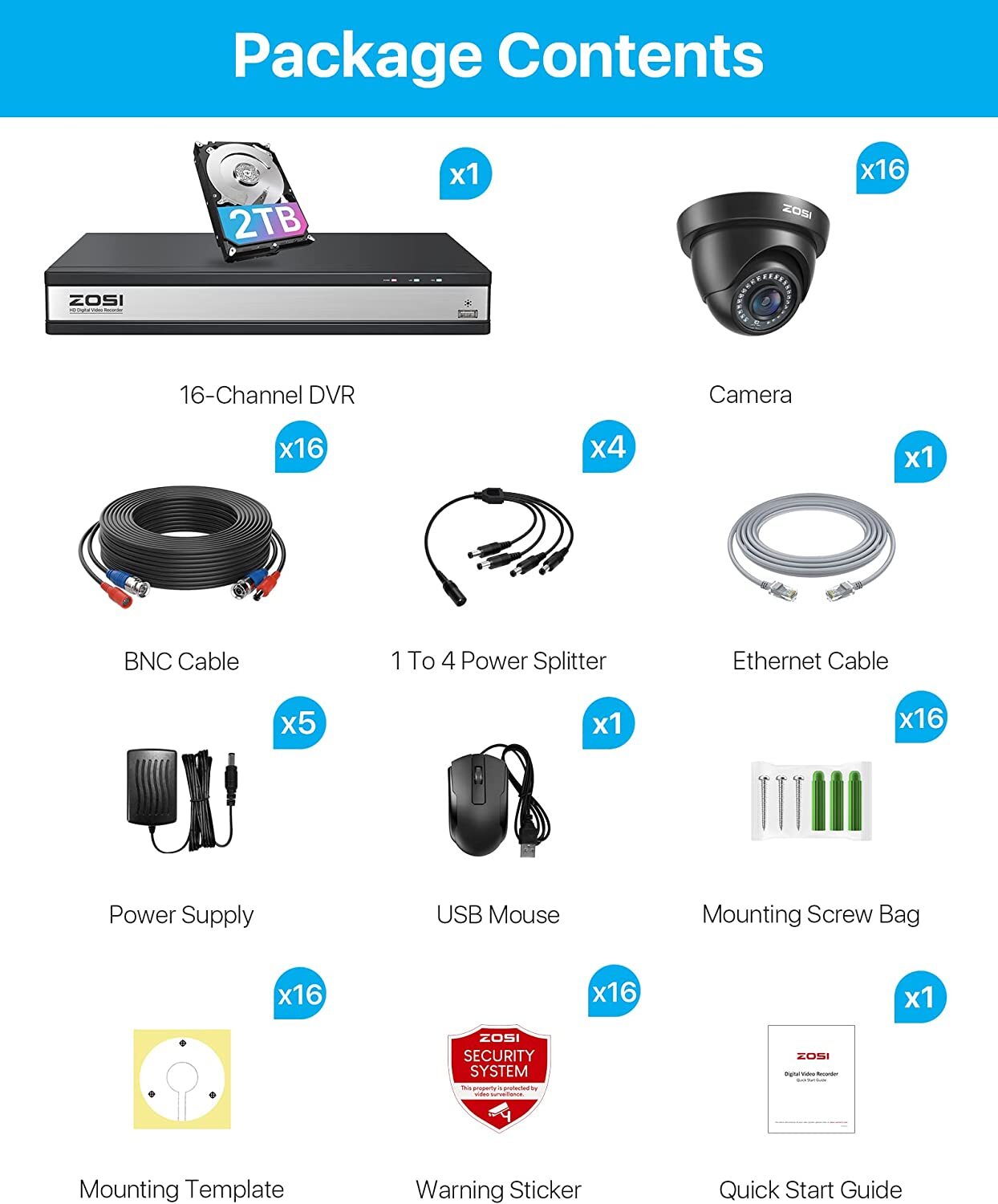 ZOSI 16CH H.265 1080P Home Security Camera System 2TB Outdoor CCTV Dome Camera