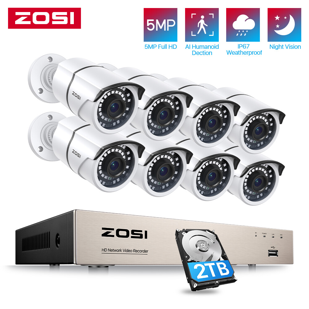 ZOSI H.265+ 5MP 8CH NVR HD POE Security Camera System Outdoor Watherproof 2TB