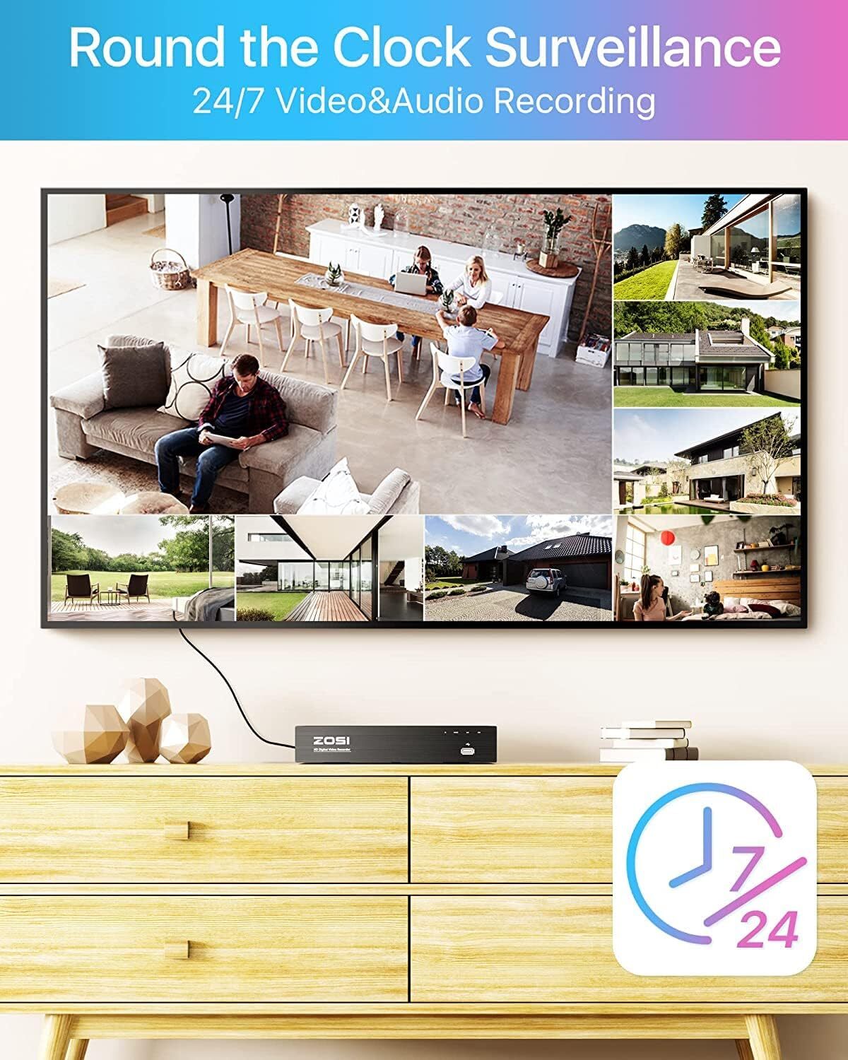 ZOSI 4K 8CH Spotlight PoE Security Camera System NVR with 2TB HDD for 24/7 Audio