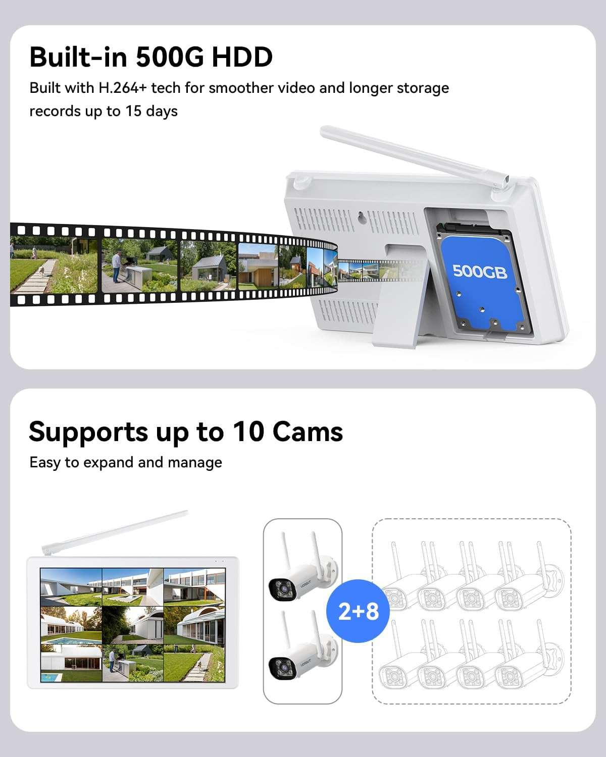 Wireless Security Camera System with 10″ LCD Monitor, 2PCS 3MP Bullet Outdoor Ca
