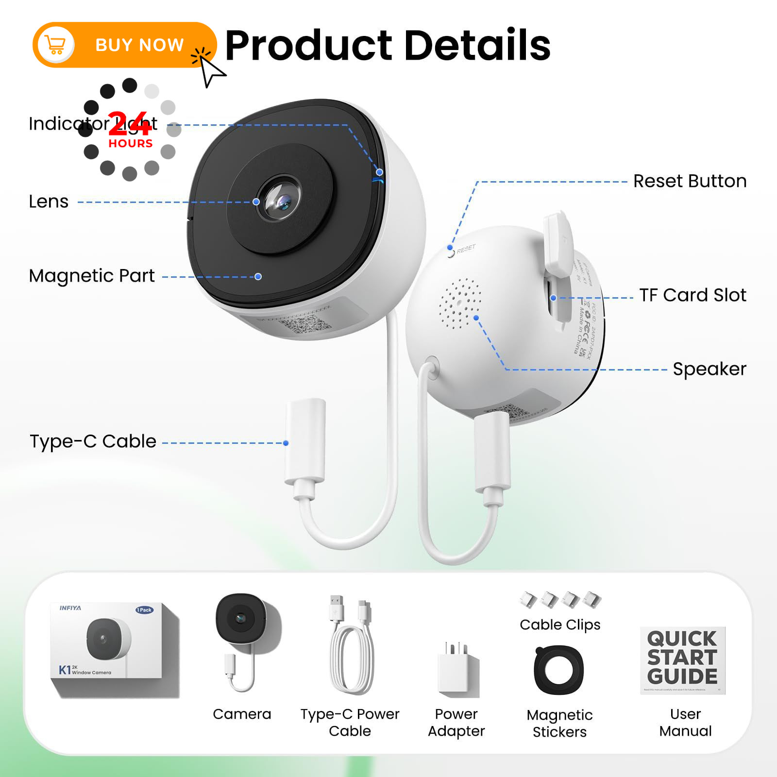 INFIYA 2K Window Cameras for Home Security- 5Ghz & 2.4G&5G 1-Pack, White