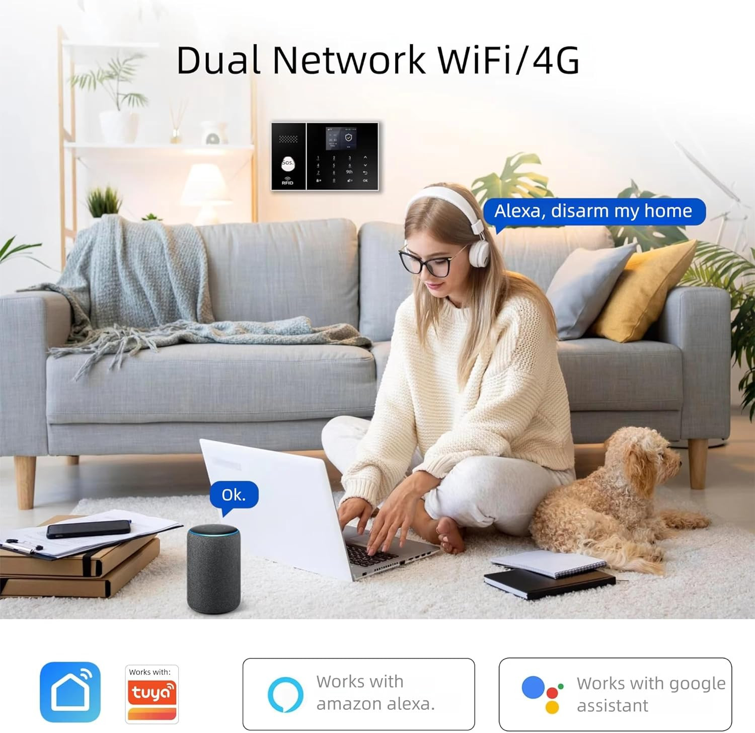 Wireless Home Security System, 4G/Gsm/Wi-Fi Smart Alarm Kit, Compatible with Ale