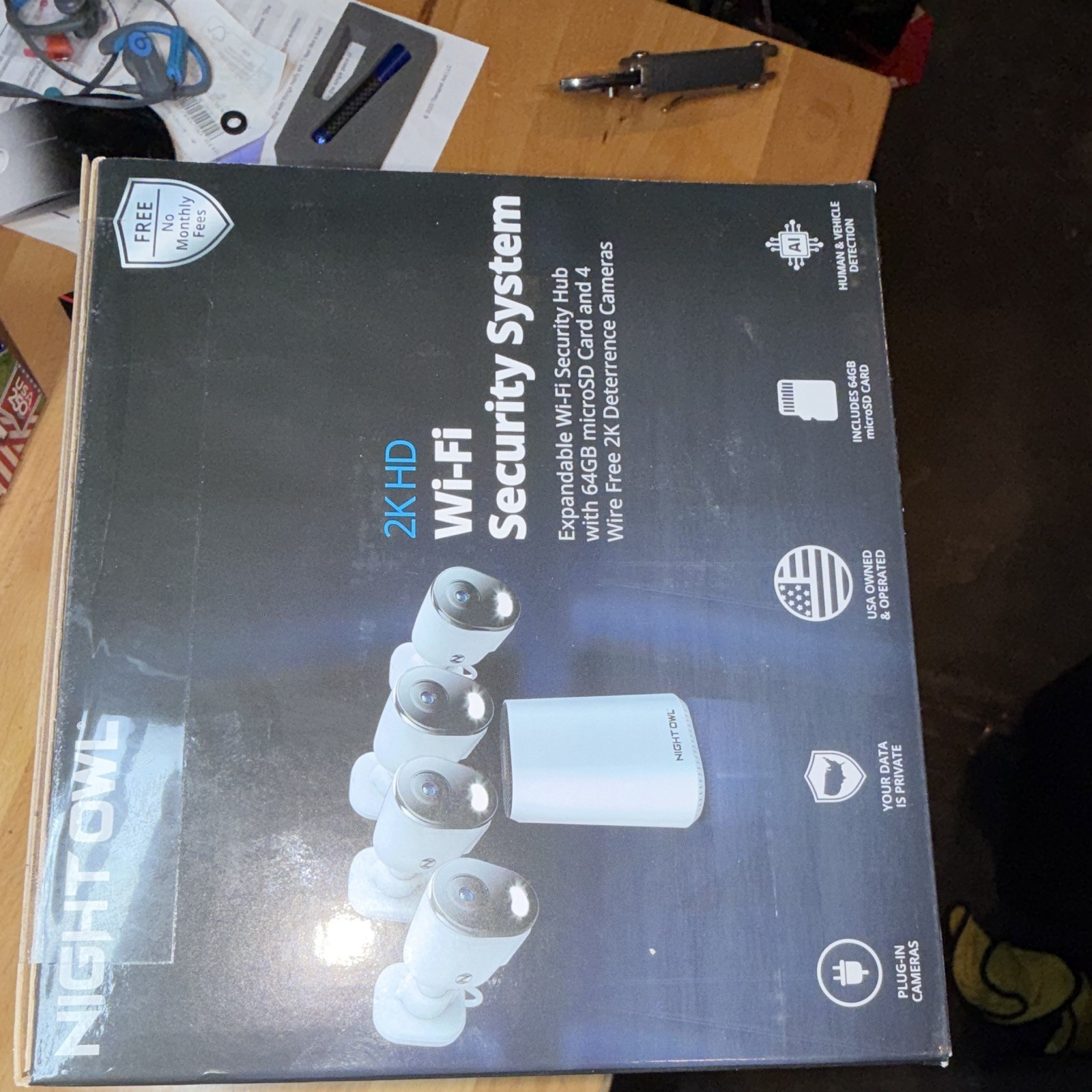 Night Owl 2K Wi‑Fi Security System 8‑Channel Hub, 4 Cameras, 64GB, AI