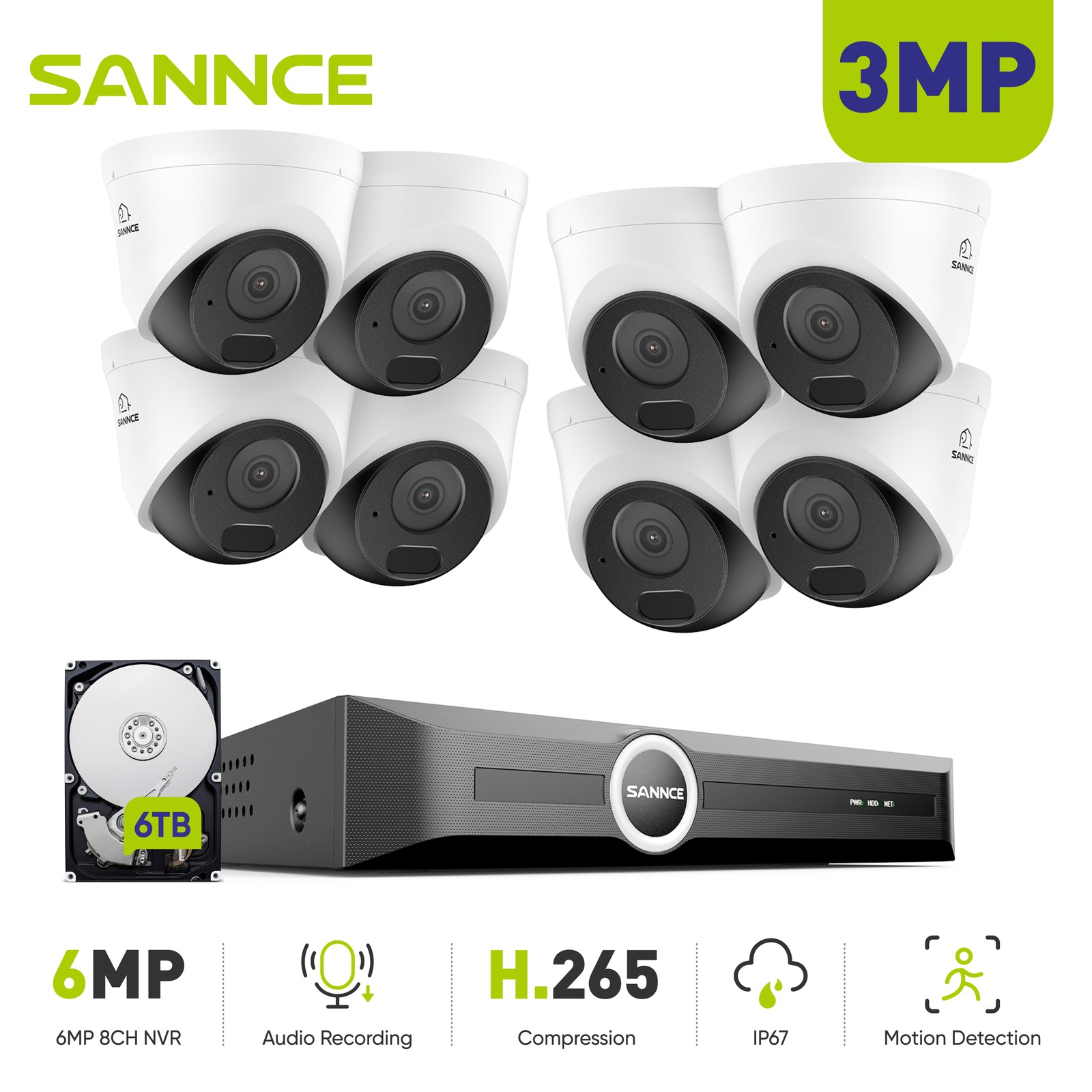 SANNCE 8CH 6MP NVR 3MP POE Security IP Camera System Outdoor Audio Recording AI