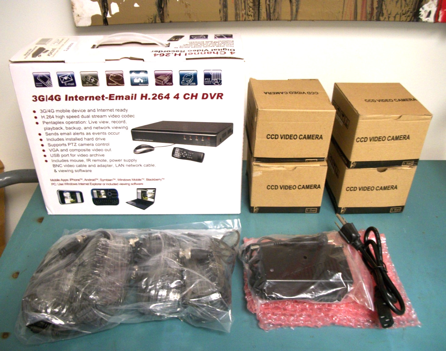 PICZEL 7204 Surveillance System 4CH DVR w/Internet 4 IR Cams & Install Kit – NEW