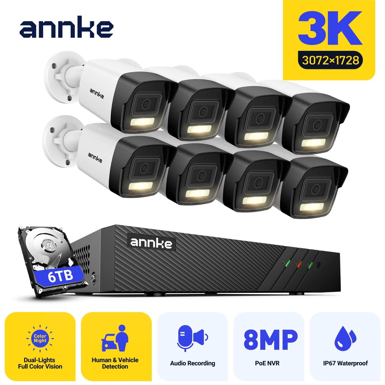 ANNKE 8CH 8MP NVR 3K POE Audio Security Camera System Outdoor Color Night Vision