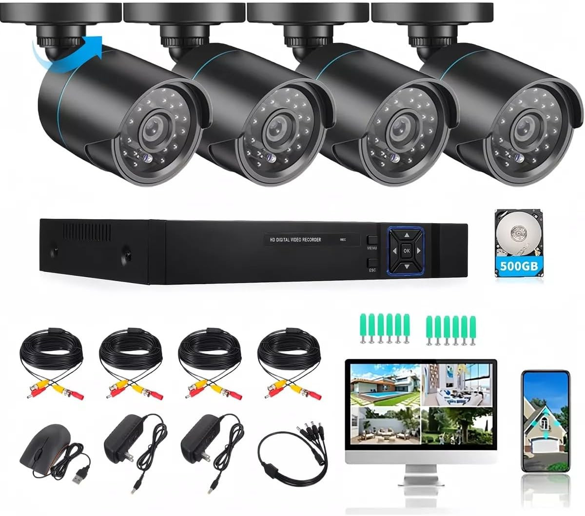 Home Security Camera System 3000TVL Surveillance DVR Kits 4Pcs Wired 1080P NEW