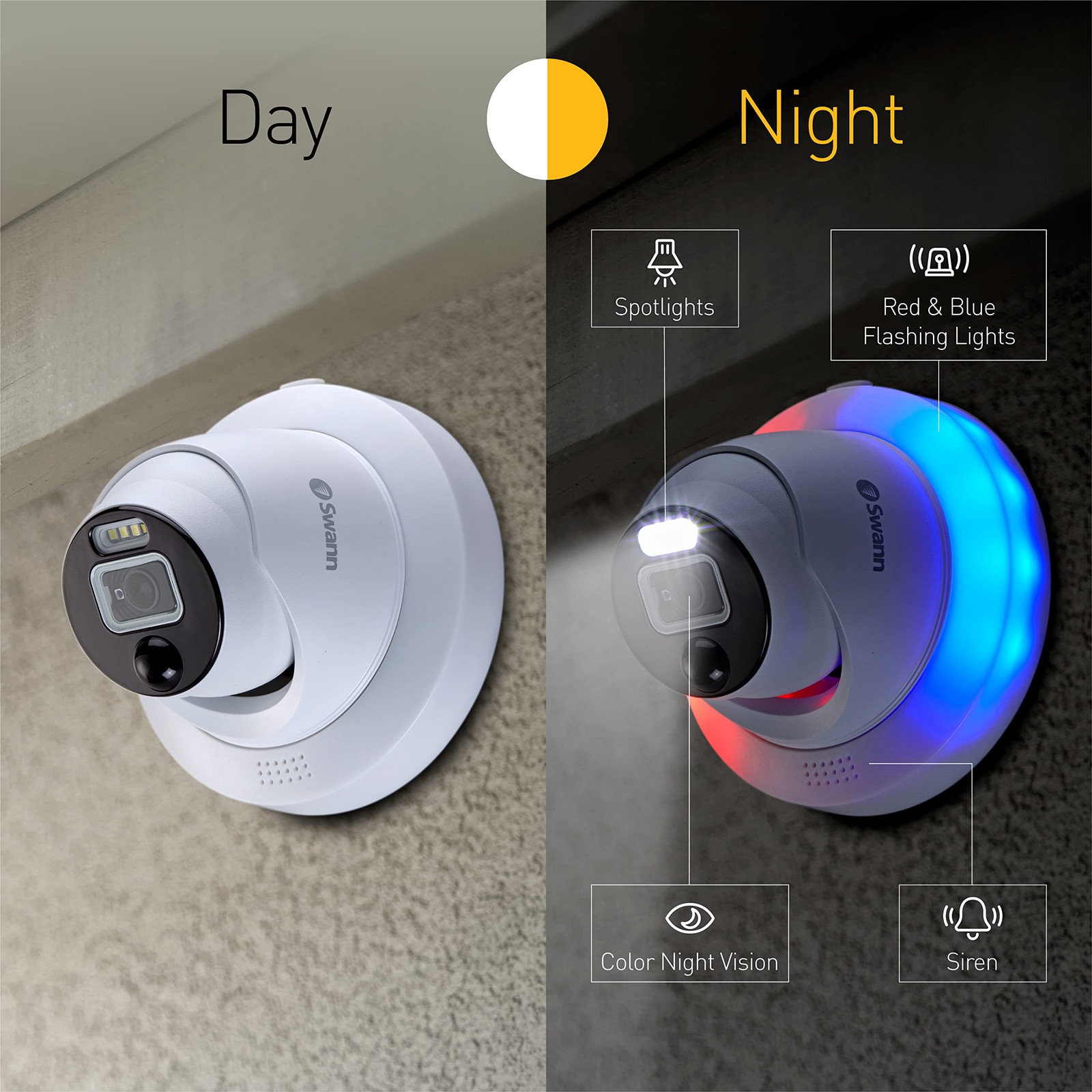Swann Add-OnDVR Flashing Lights Dome Security Camera with Sensor Spotlight4K UHD